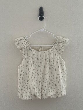 Passport Floral Bubble Hem Blouse Women Large White Blue Ruffle Strap Tie Back